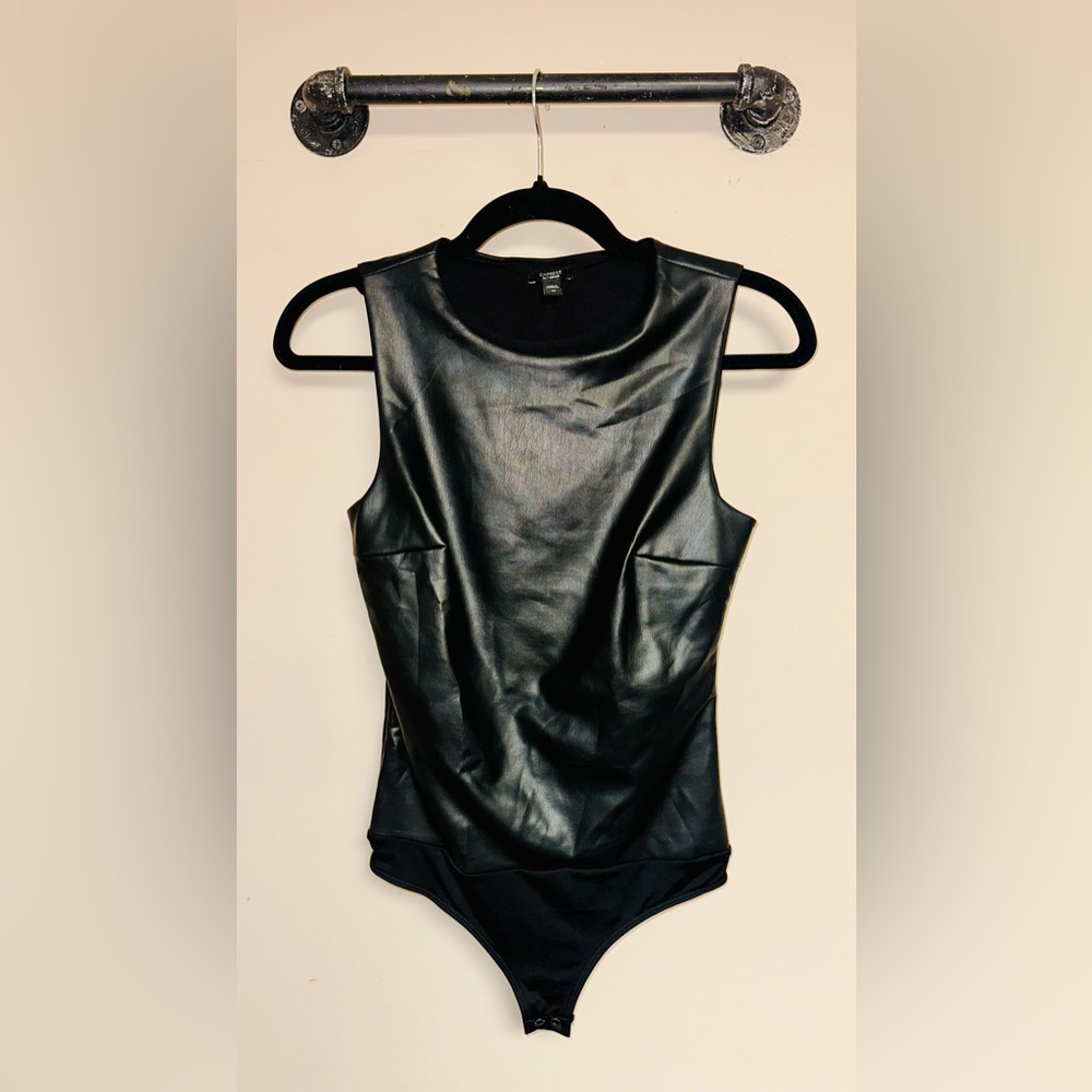 Express Body Contour Black Faux Leather Bodysuit